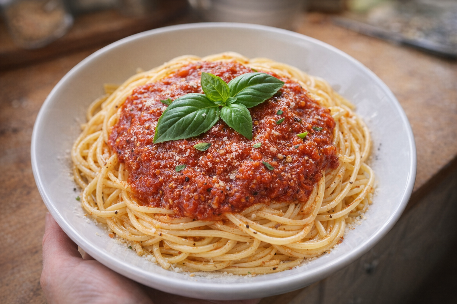 A perfectly plated portion of spaghetti with marinara sauce, garnished with fresh basil, bright and appetizing lighting, overhead shot